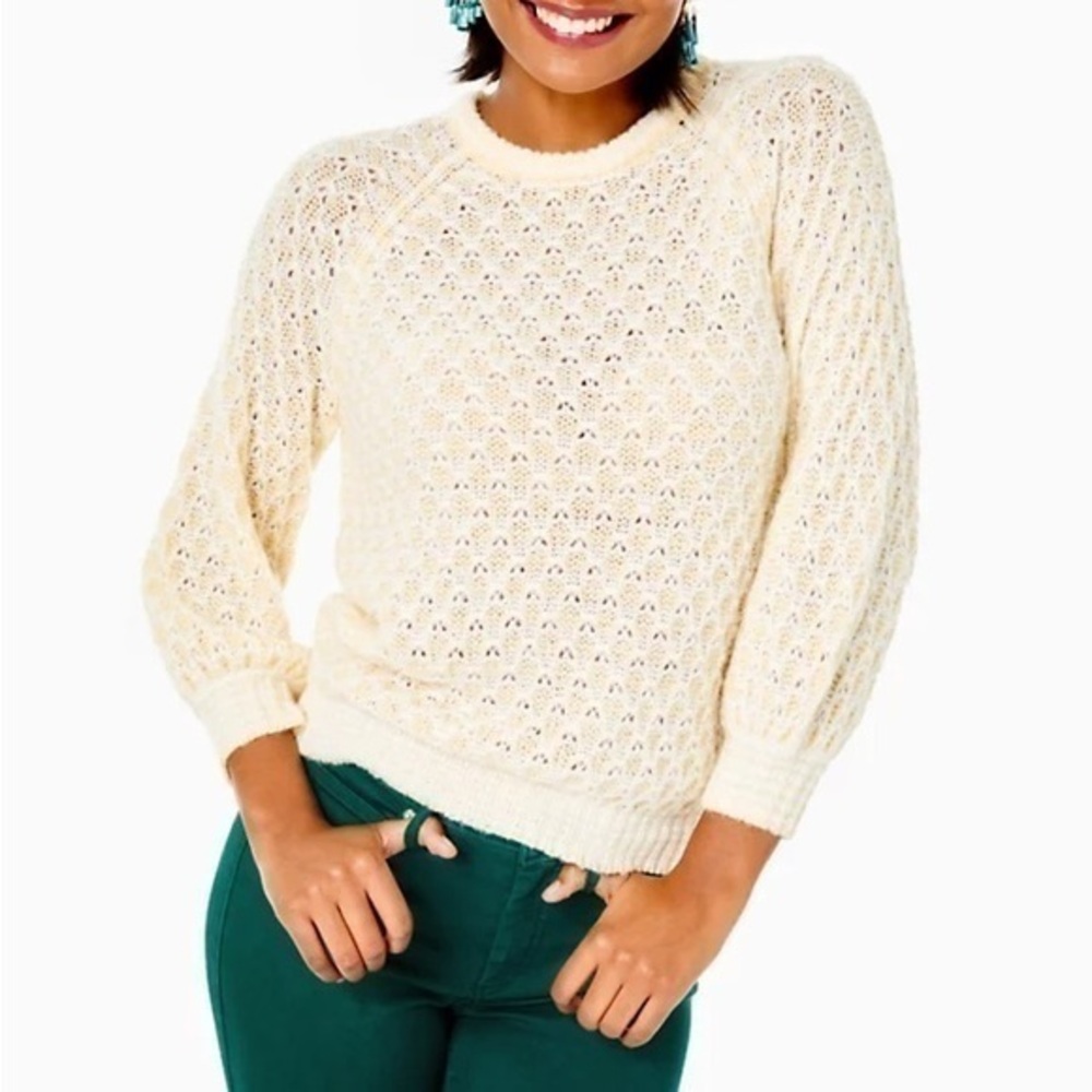 Lilly Pulitzer Cream Open-Knit Crewneck Sweater